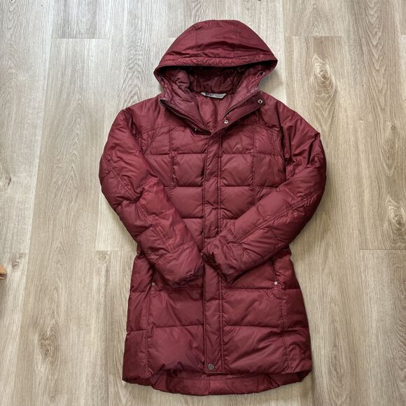 REI Womens XS Puffer Coat Long Red Hooded Goose Down Lightweight Full Zip Jacket - Picture 1 of 11